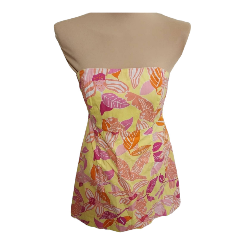 Vintage Lilly Pulitzer white label yellow parrot strapless dress sz 8